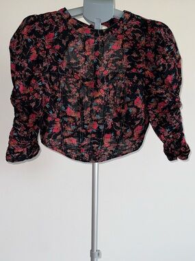 Free People Black Floral Puff Sleeve Corset Style Blouse Size Small